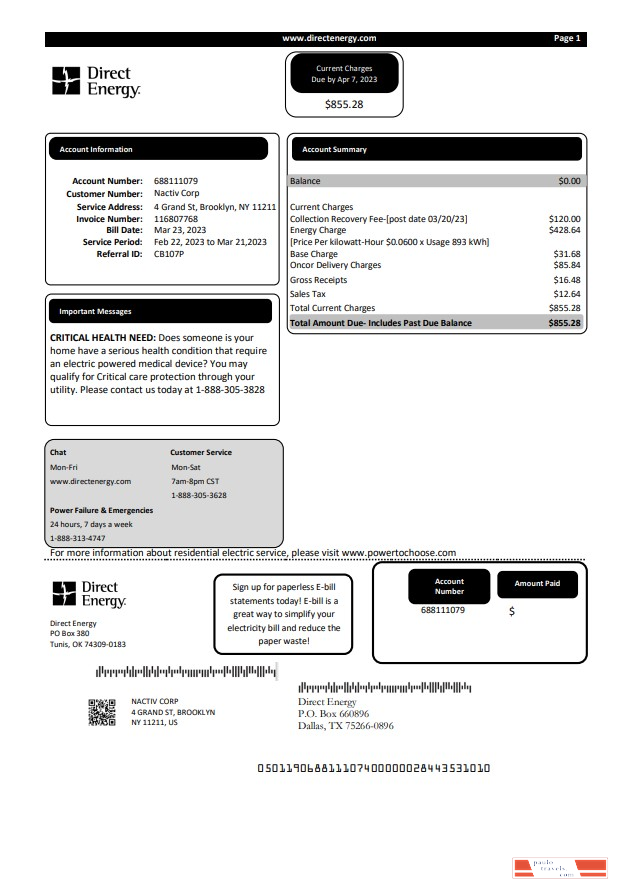 Texas Direct Energy utility business bill, Word and PDF template PSD template